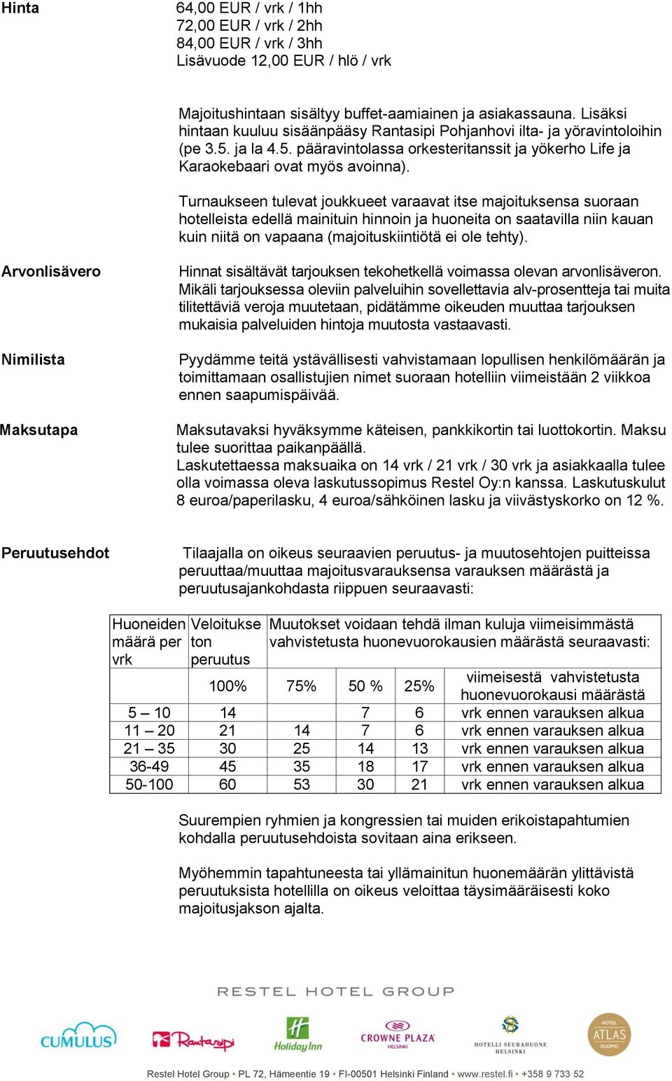 Turnaukseen tulevat joukkueet varaavat itse majoituksensa suoraan hotelleista edellä mainituin hinnoin ja huoneita on saatavilla niin kauan kuin niitä on vapaana (majoituskiintiötä ei ole tehty).