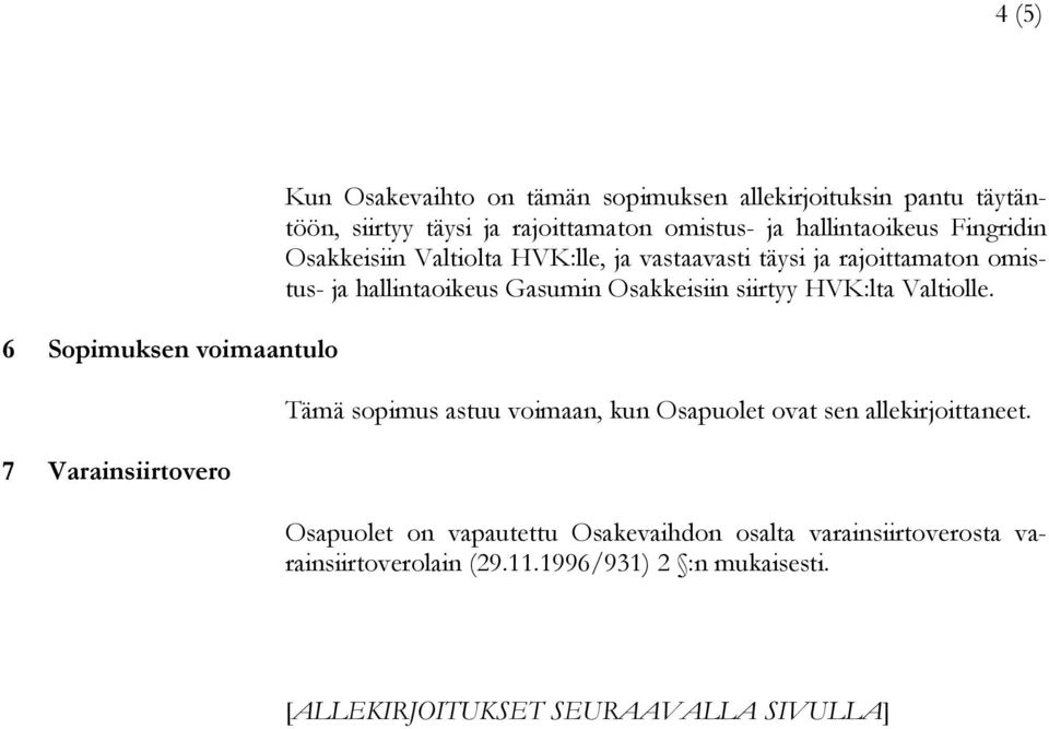 hallintaoikeus Gasumin Osakkeisiin siirtyy HVK:lta Valtiolle. Tämä sopimus astuu voimaan, kun Osapuolet ovat sen allekirjoittaneet.