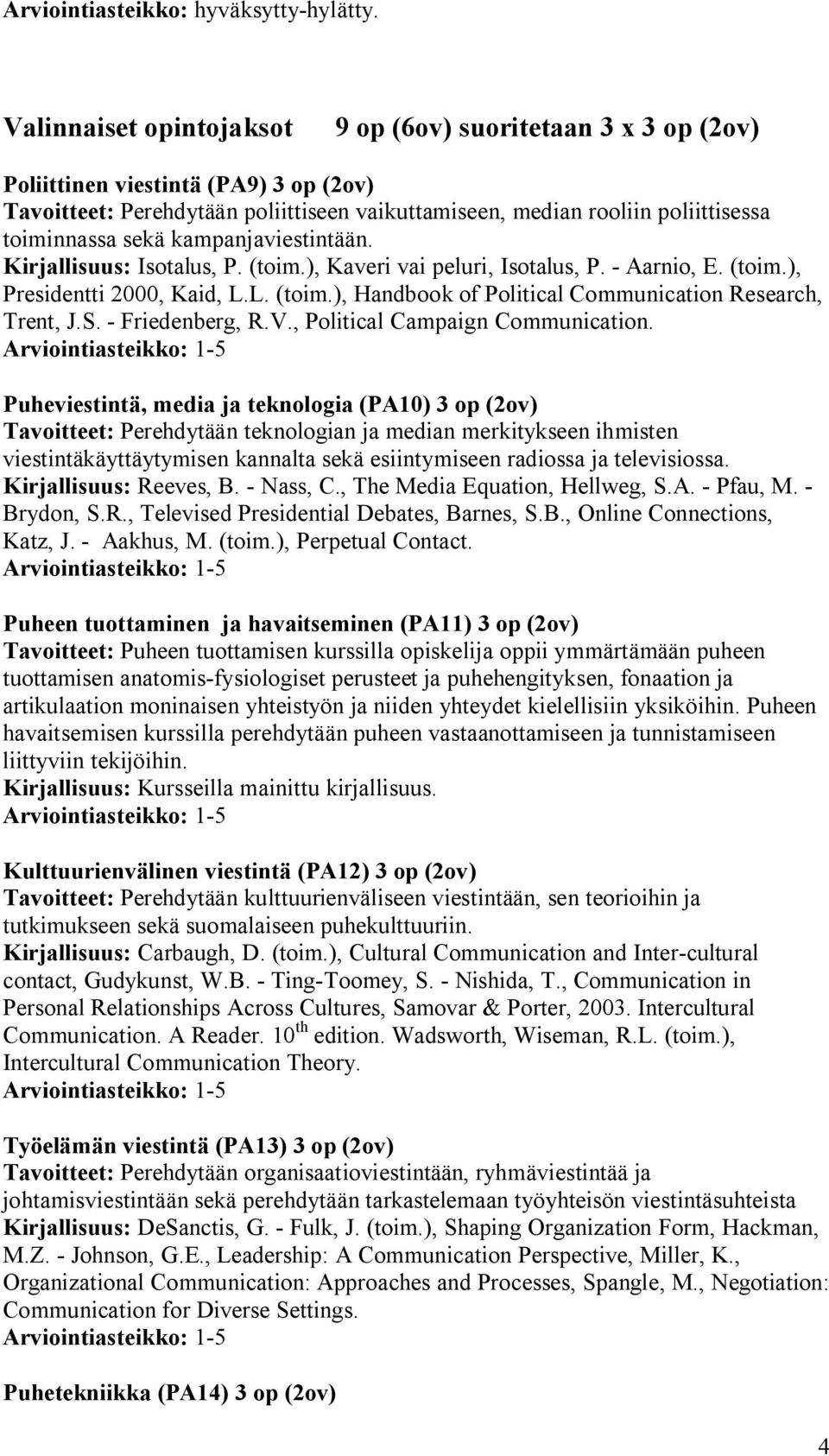 sekä kampanjaviestintään. Kirjallisuus: Isotalus, P. (toim.), Kaveri vai peluri, Isotalus, P. - Aarnio, E. (toim.), Presidentti 2000, Kaid, L.L. (toim.), Handbook of Political Communication Research, Trent, J.