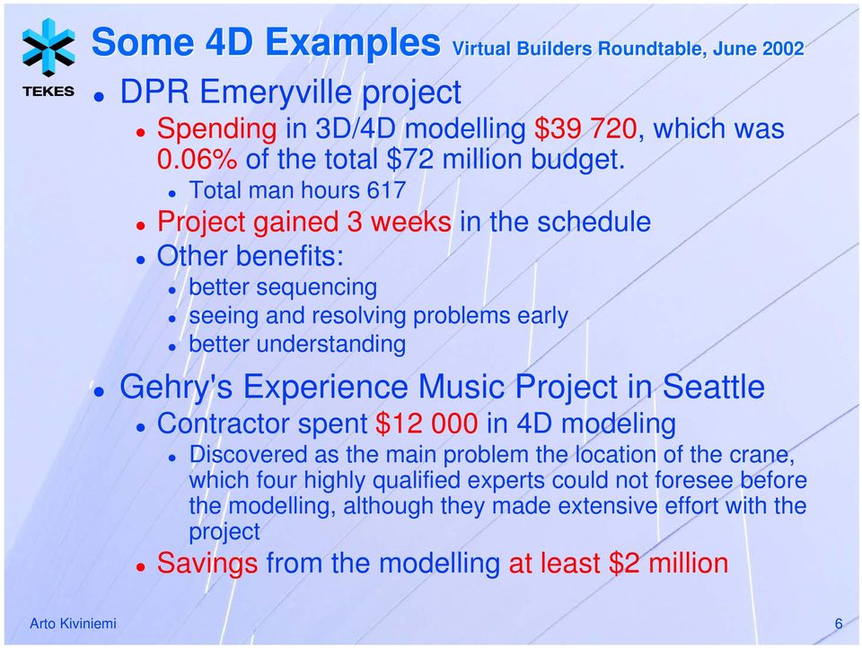Total man hours 617 Project gained 3 weeks in the schedule Other benefits: better sequencing seeing and resolving problems early better understanding Gehry's