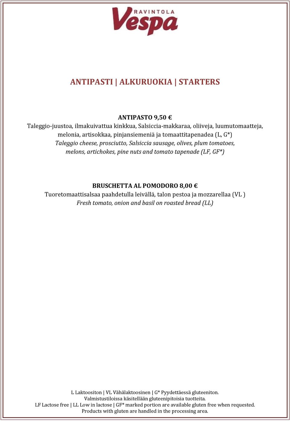 sausage, olives, plum tomatoes, melons, artichokes, pine nuts and tomato tapenade (LF, GF*) BRUSCHETTA AL POMODORO 8,00