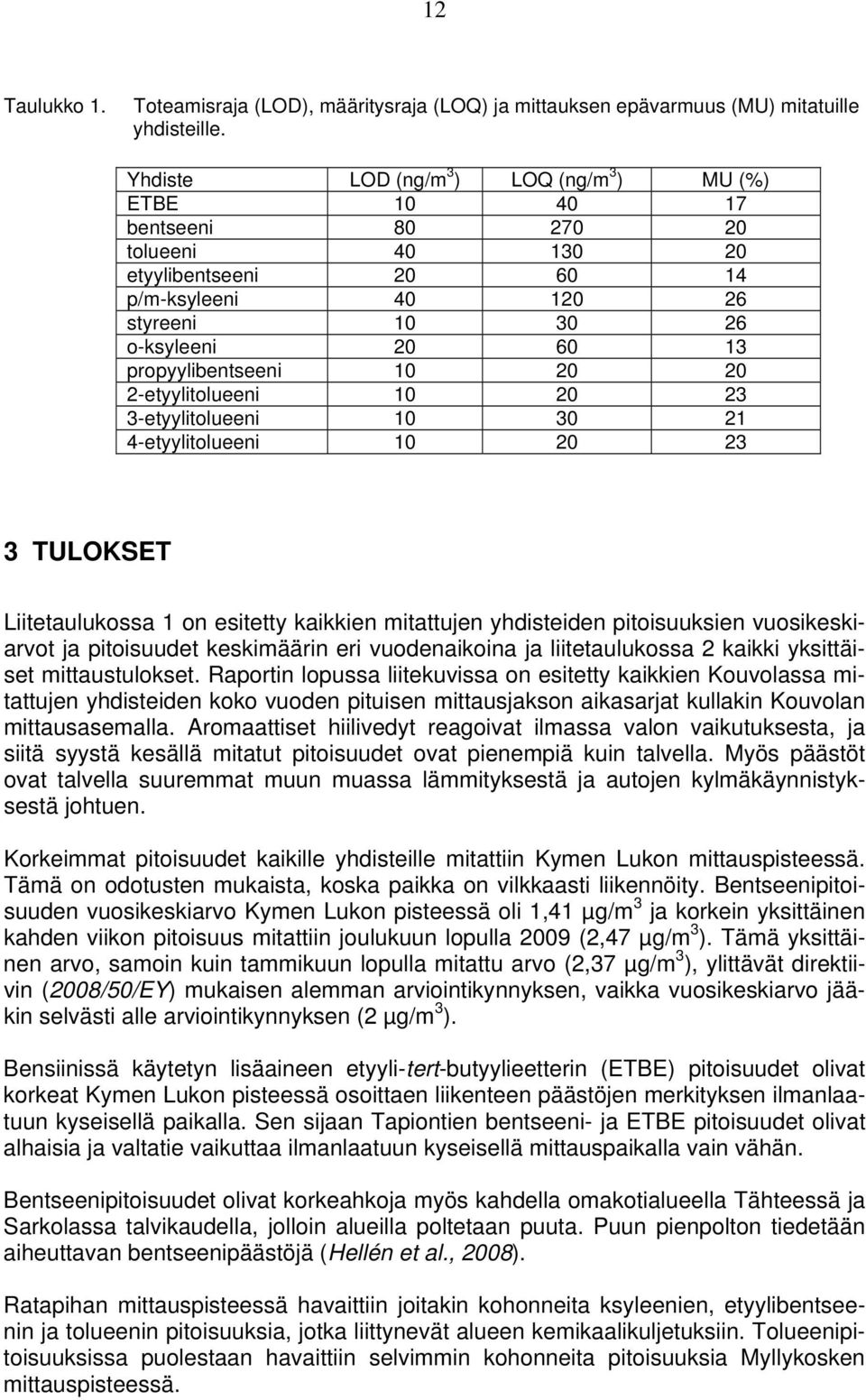 10 20 20 2-etyylitolueeni 10 20 23 3-etyylitolueeni 10 30 21 4-etyylitolueeni 10 20 23 3 TULOKSET Liitetaulukossa 1 on esitetty kaikkien mitattujen yhdisteiden pitoisuuksien vuosikeskiarvot ja