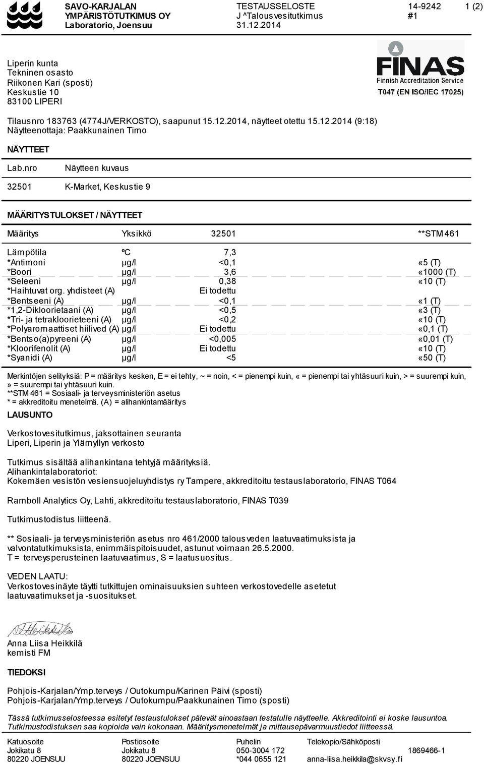 2014, näytteet otettu 15.12.2014 (9:18) Näytteenottaja: Paakkunainen Timo NÄYTTEET Lab.