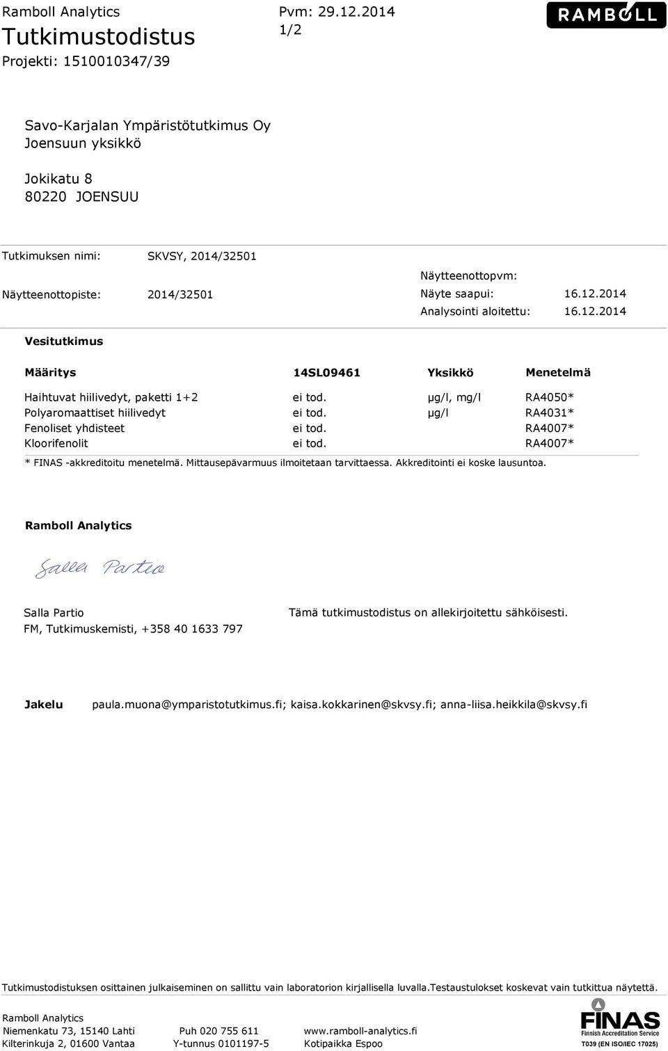 Näytteenottopvm: Näyte saapui: 16.12.2014 Analysointi aloitettu: 16.12.2014 Vesitutkimus Määritys 14SL09461 Yksikkö Menetelmä Haihtuvat hiilivedyt, paketti 1+2 ei tod.