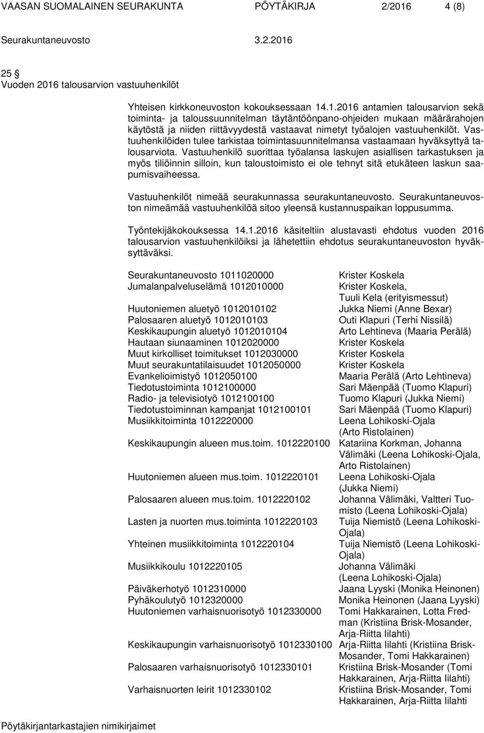 talousarvion vastuuhenkilöt Yhteisen kirkkoneuvoston kokouksessaan 14
