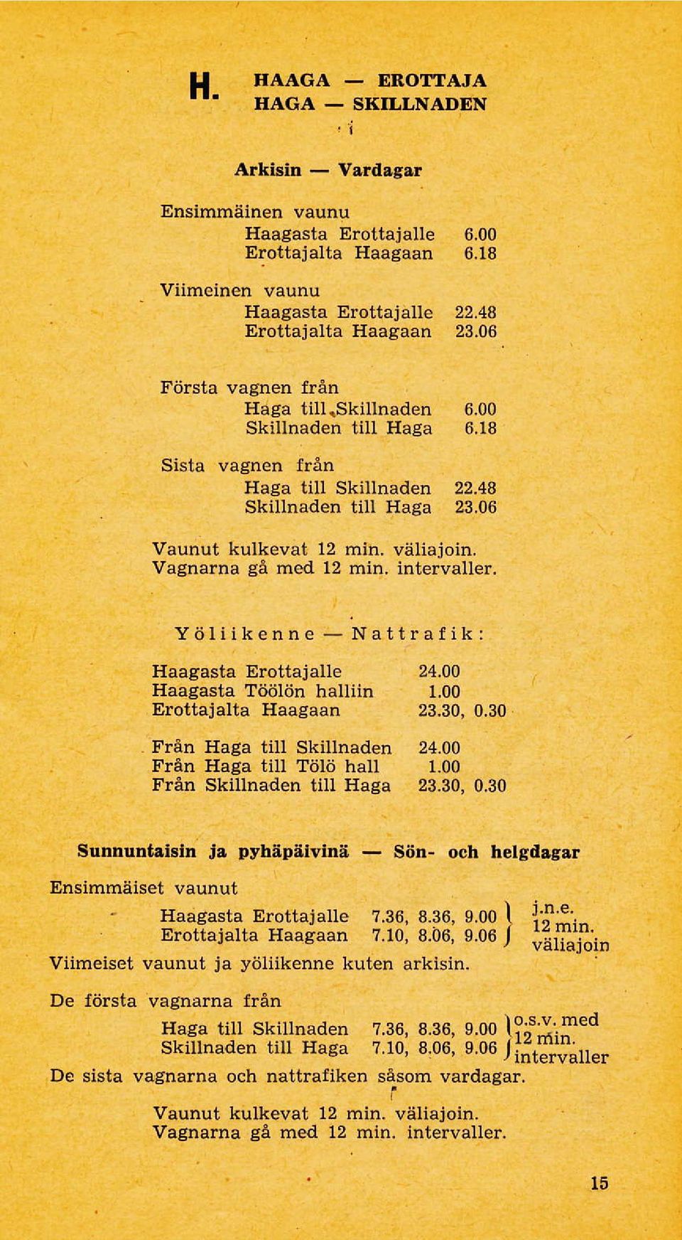 .. Yöliikenne Nat I raf ik: Haagasta ErottajaUe 24.00 Haagasta Tiiölön hauiin 1.00 Erottajalta Haagaan 23.30, 0.30 Från Haga tiu Skiunaden 24.00 Från Haga tiu Tölö hau 1.
