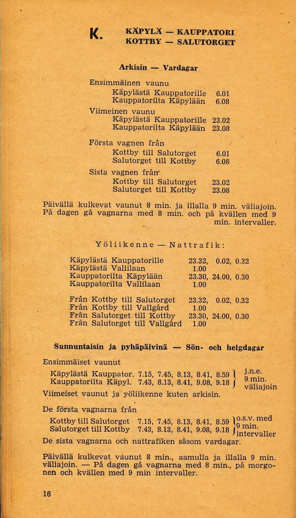 P, dagen gä vagnarna mcd B min. ""tr rra t"äii"iiäåä'ö min. intervaller, Yöliikenne Nattrali k: Käpylästä Kauppatorille 23.32, 0.02, O.Bz Käpylästä VaUilaan 1.00 Kauppatorilta Käpylään 23.30, 24.