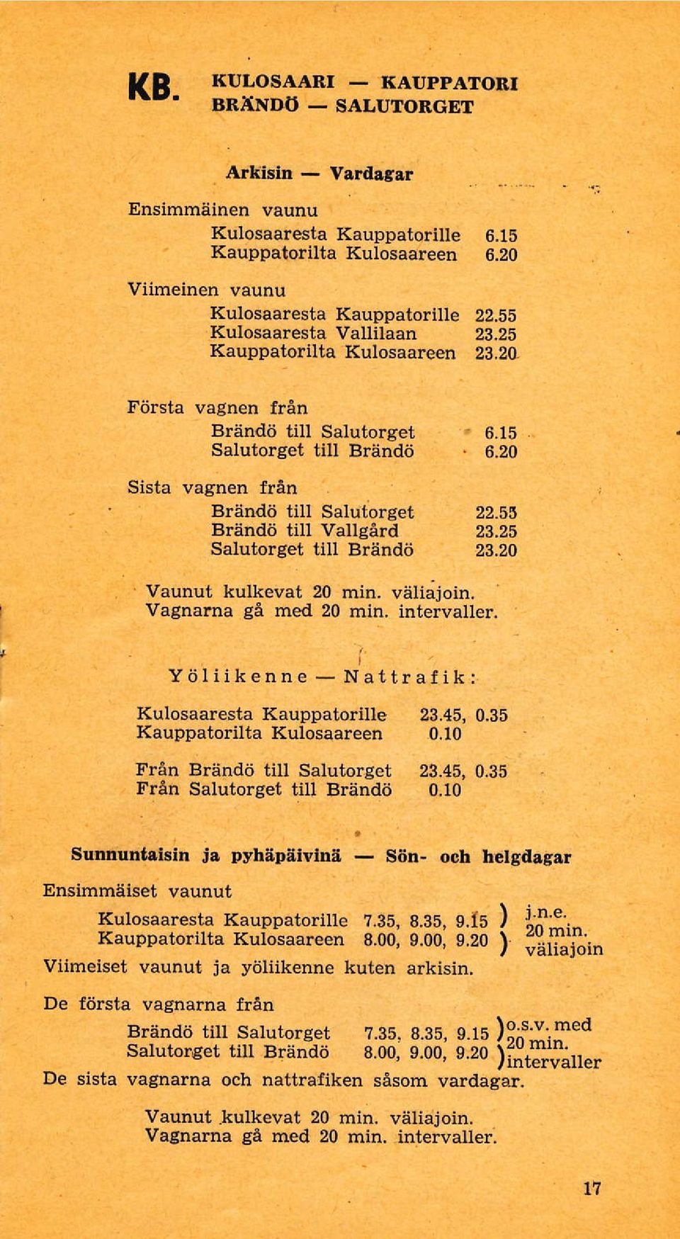 25 Salutorget till Brändö 23.20 Vaunut kulkevat 20 min. väii;join. Vagnarna gå med 20 min, intervalle!. Yöliikenne Nattraf ik: KulosaarestaKauppatorille 23.45,0.35 KauppatoriltaKulosaareen 0.