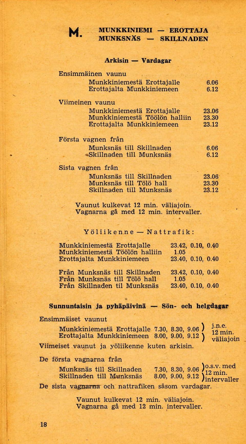 12 Munksnäs till Skillnaden 23,06 Munksnäs till Tölö hall 23.30 Skillnaden till Munksnäs 23.12 Vaunut kulkevat 12 min. väliaioin. Vagnarna gå med 12 min. intervaller.