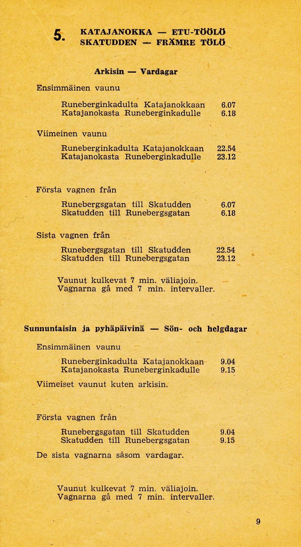 18 Sista vagnen från RunebergsgatantillSkatudden 22.54 SkatuddentillRunebergsgata\ 23.!2 Vaunut kulkevat 7 min, väliajoin. Vaglarna gå med? min. intervaller.