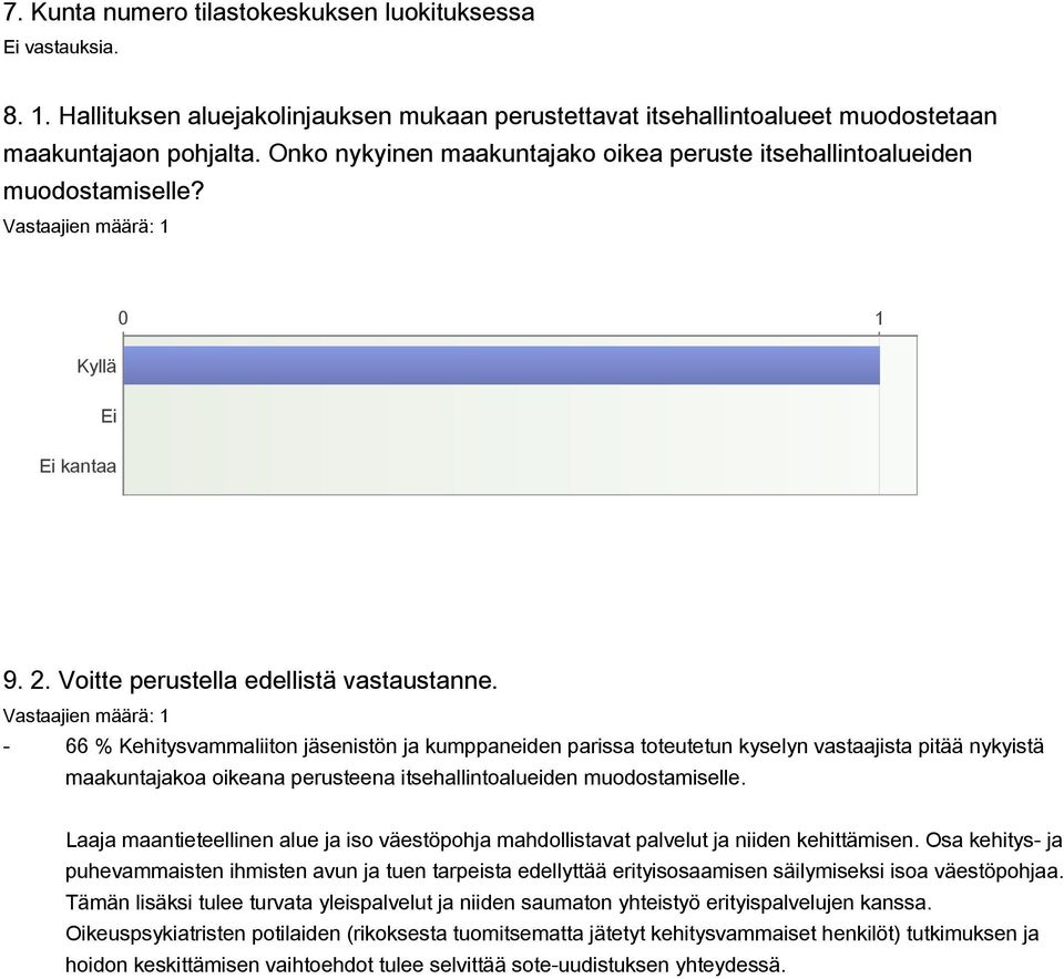 - 66 % Kehitysvammaliiton jäsenistön ja kumppaneiden parissa toteutetun kyselyn vastaajista pitää nykyistä maakuntajakoa oikeana perusteena itsehallintoalueiden muodostamiselle.