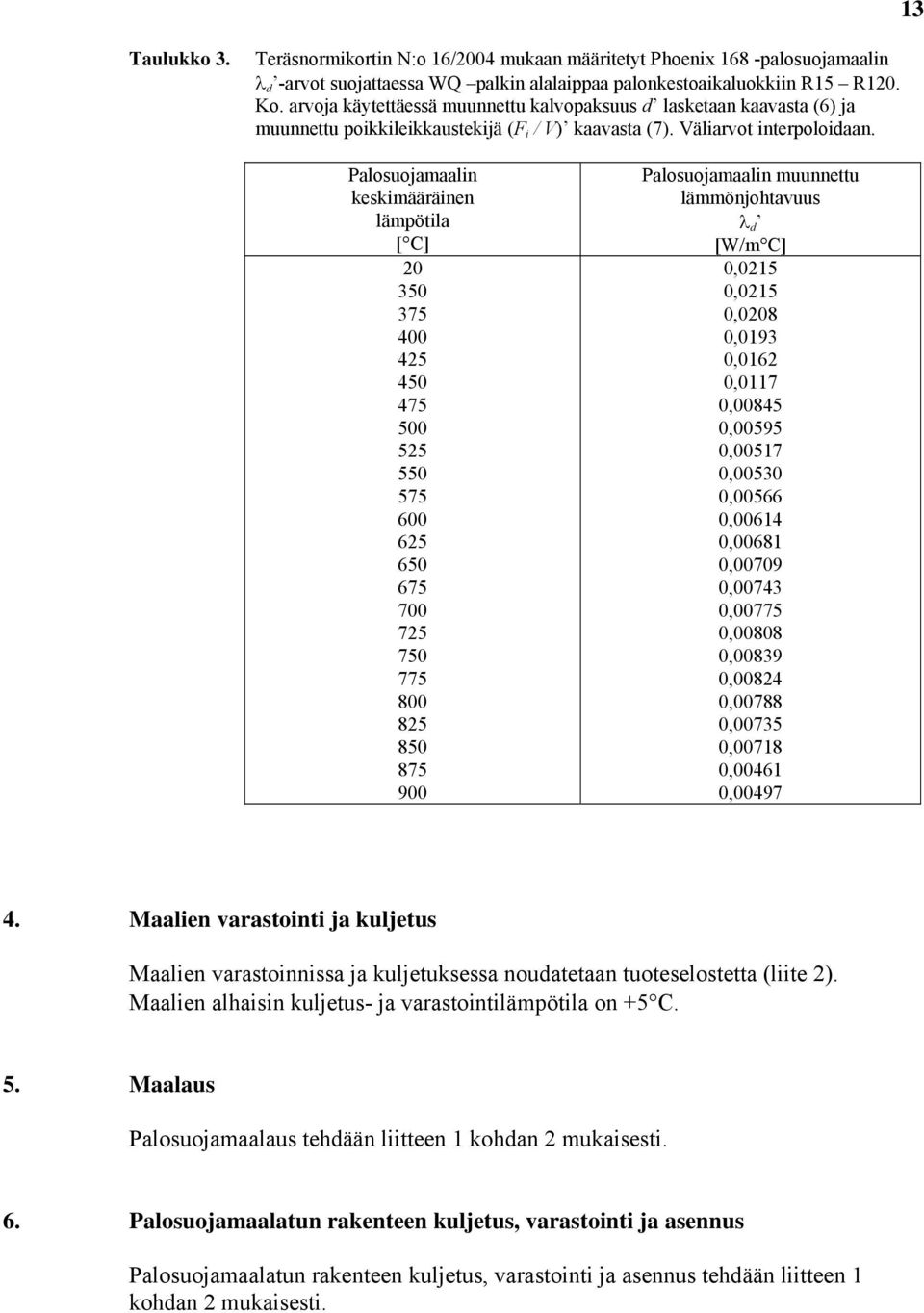 Palosuojamaalin keskimääräinen lämpötila [ C] 20 775 800 825 850 875 900 Palosuojamaalin muunnettu lämmönjohtavuus λ d [W/m C] 0,0215 0,0215 0,0208 0,0193 0,0162 0,0117 0,00845 0,00595 0,00517