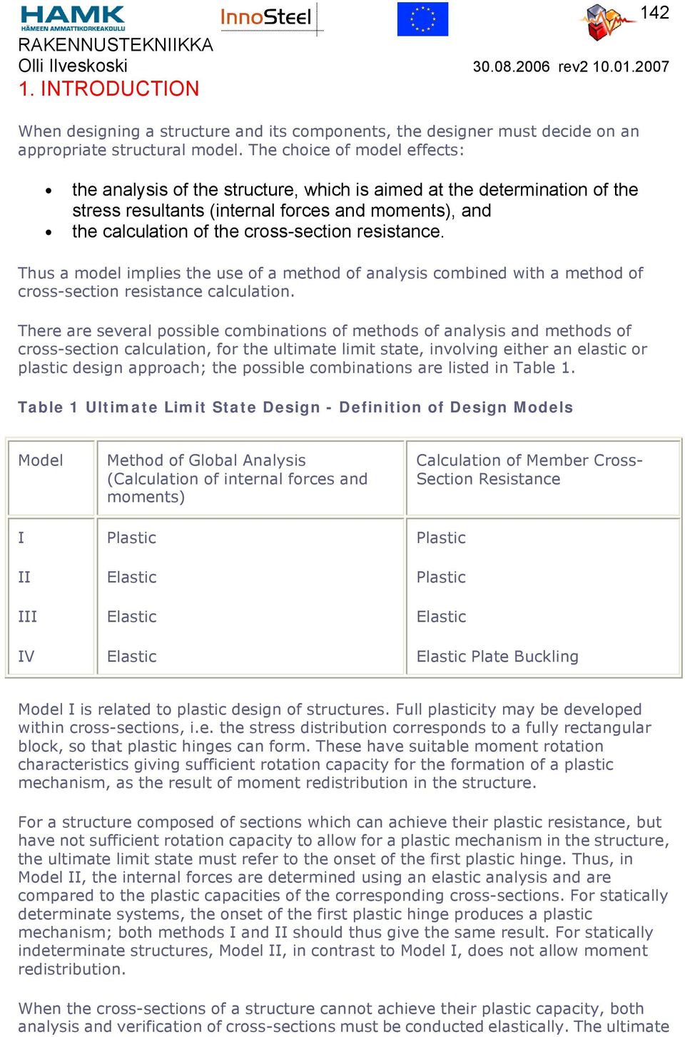 resistance. Thus a model implies the use of a method of analysis combined with a method of cross-section resistance calculation.