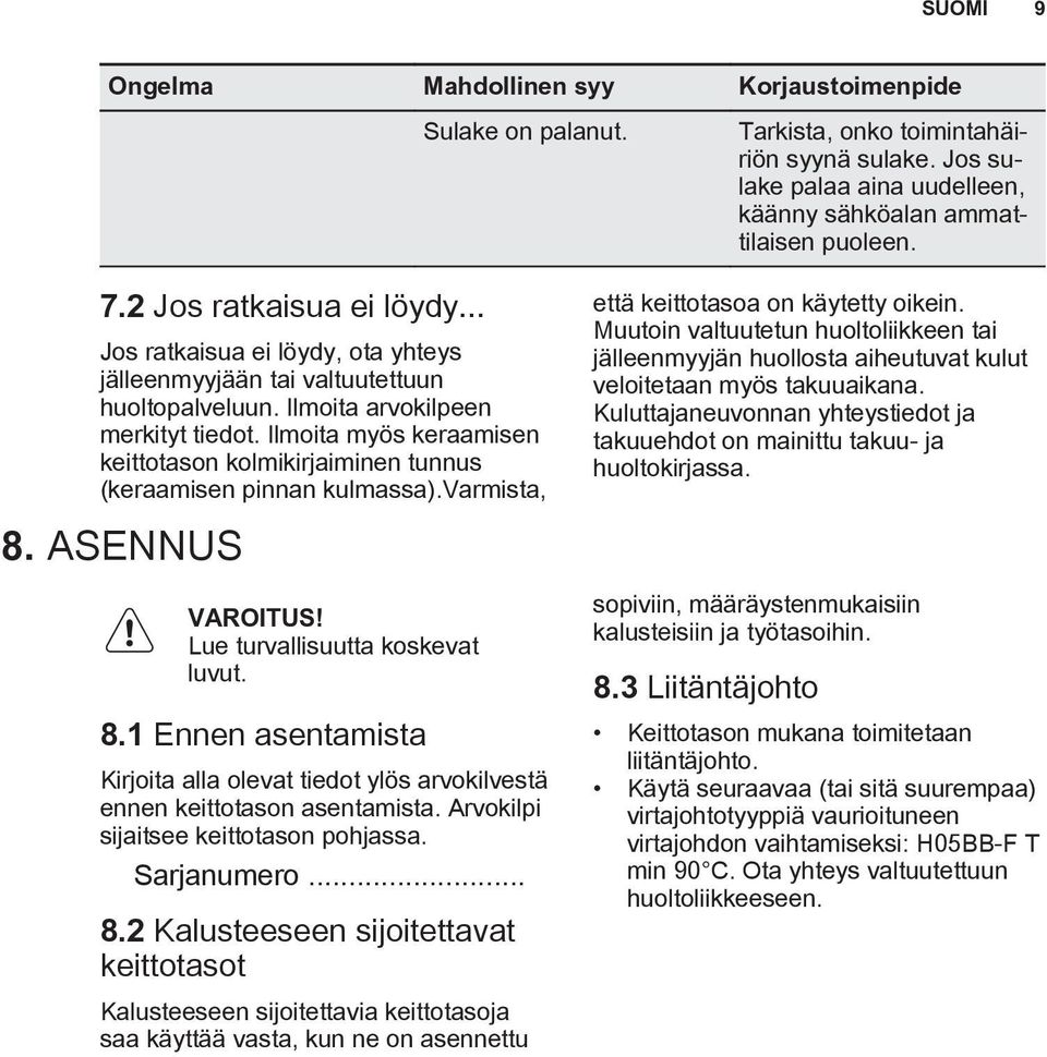 Ilmoita myös keraamisen keittotason kolmikirjaiminen tunnus (keraamisen pinnan kulmassa).varmista, 8. ASENNUS VAROITUS! Lue turvallisuutta koskevat luvut. 8.1 Ennen asentamista Kirjoita alla olevat tiedot ylös arvokilvestä ennen keittotason asentamista.