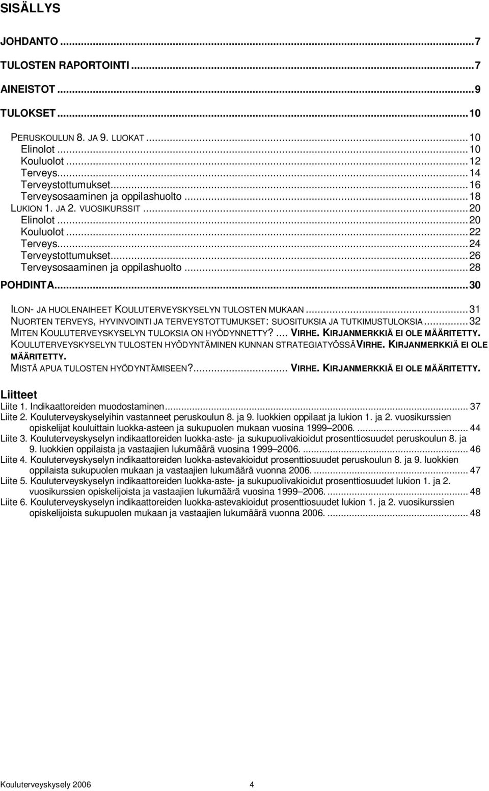 ..30 ILON- JA HUOLENAIHEET KOULUTERVEYSKYSELYN TULOSTEN MUKAAN...31 NUORTEN TERVEYS, HYVINVOINTI JA TERVEYSTOTTUMUKSET: SUOSITUKSIA JA TUTKIMUSTULOKSIA.