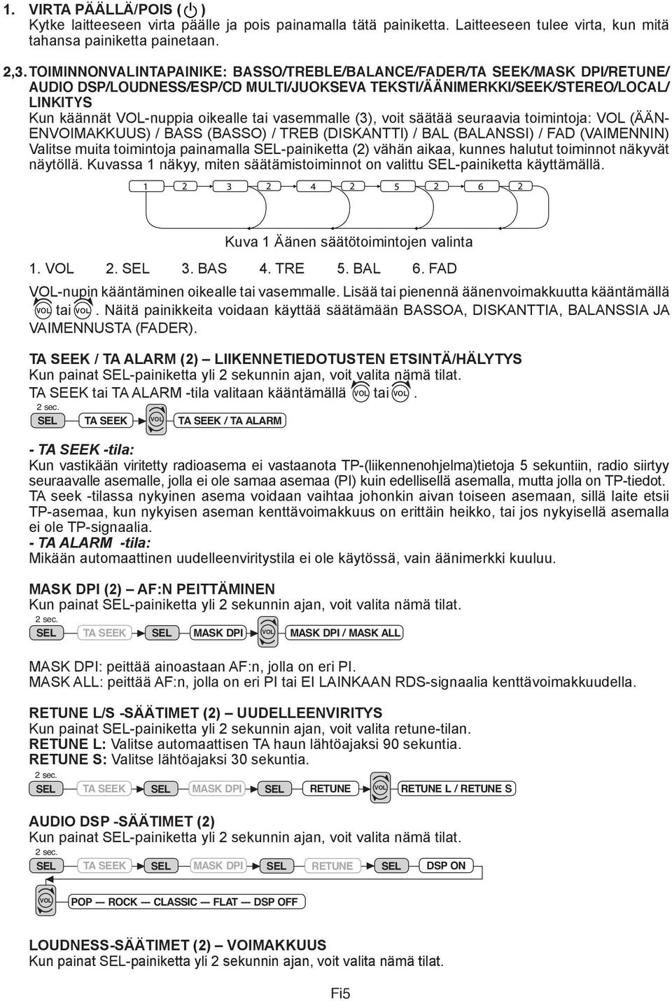 toimintoja: (ÄÄN- ENVOIMAKKUUS) / BASS (BASSO) / TREB (DISKANTTI) / BAL (BALANSSI) / FAD (VAIMENNIN) Valitse muita toimintoja painamalla -painiketta (2) vähän aikaa, kunnes halutut toiminnot näkyvät