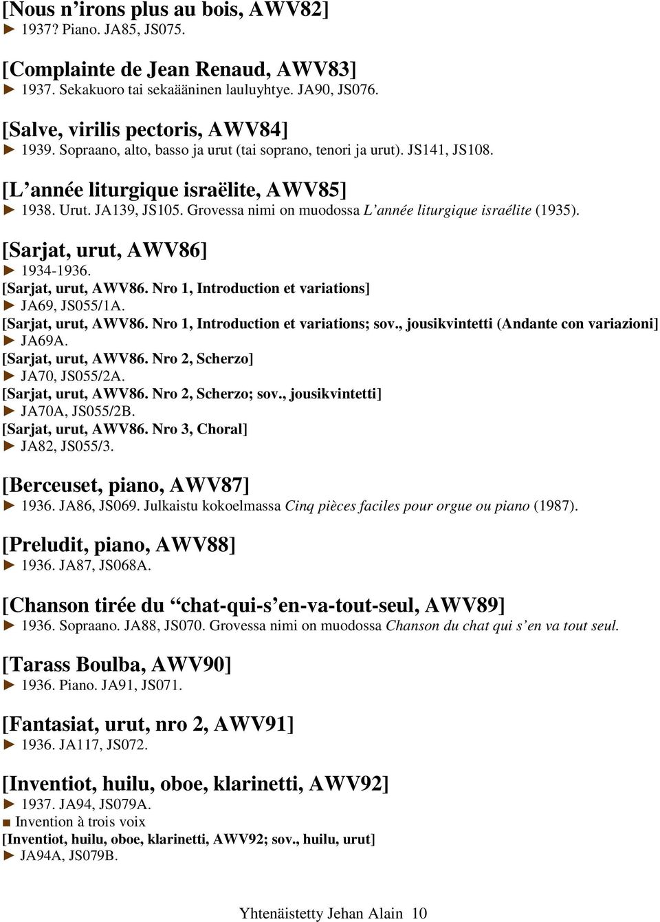 Grovessa nimi on muodossa L année liturgique israélite (1935). [Sarjat, urut, AWV86] 1934-1936. [Sarjat, urut, AWV86. Nro 1, Introduction et variations] JA69, JS055/1A. [Sarjat, urut, AWV86. Nro 1, Introduction et variations; sov.