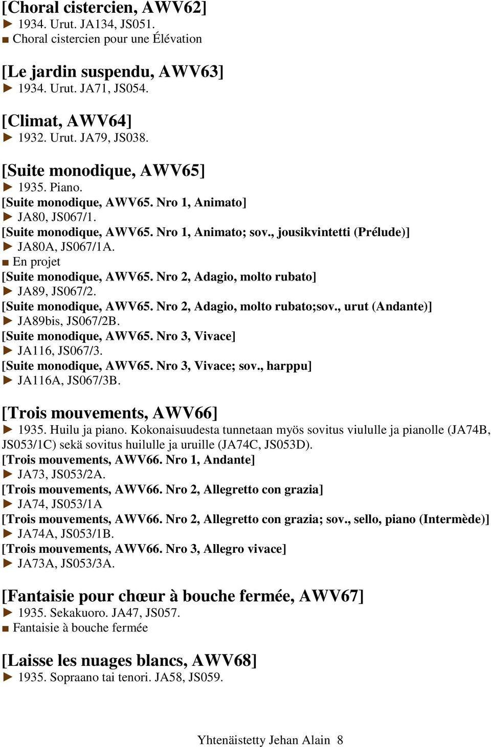 En projet [Suite monodique, AWV65. Nro 2, Adagio, molto rubato] JA89, JS067/2. [Suite monodique, AWV65. Nro 2, Adagio, molto rubato;sov., urut (Andante)] JA89bis, JS067/2B. [Suite monodique, AWV65. Nro 3, Vivace] JA116, JS067/3.