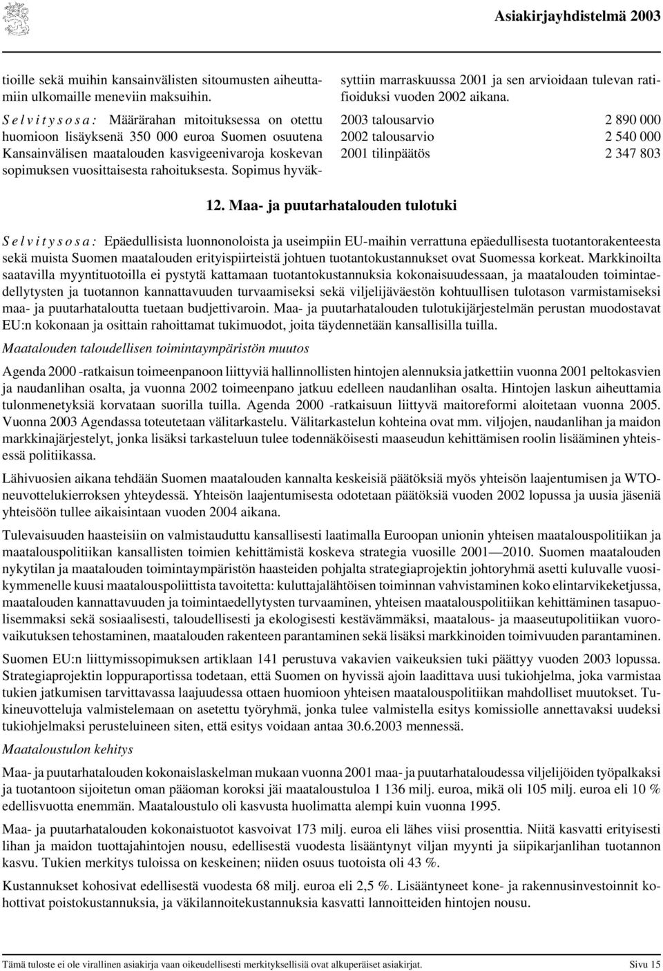 rahoituksesta. Sopimus hyväksyttiin marraskuussa 2001 ja sen arvioidaan tulevan ratifioiduksi vuoden 2002 aikana. 2003 talousarvio 2 890 000 2002 talousarvio 2 540 000 2001 tilinpäätös 2 347 803 12.