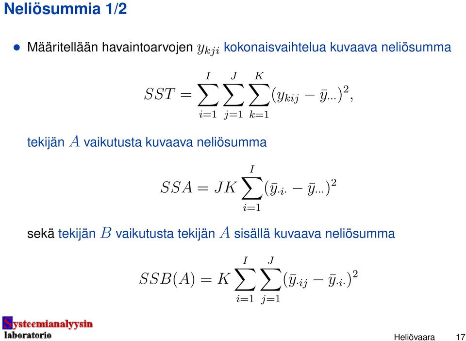 kuvaava neliösumma SSA = JK I i=1 (ȳ i ȳ ) 2 sekä tekijän B vaikutusta