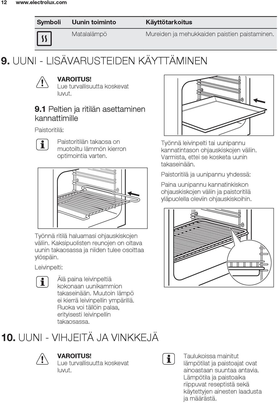 1 Peltien ja ritilän asettaminen kannattimille Paistoritilä: Paistoritilän takaosa on muotoiltu lämmön kierron optimointia varten. Työnnä leivinpelti tai uunipannu kannatintason ohjauskiskojen väliin.