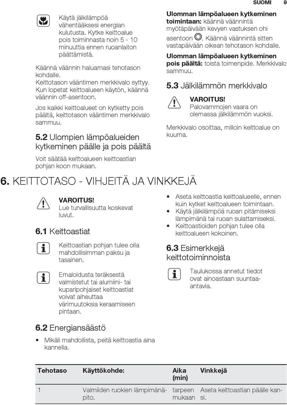 2 Ulompien lämpöalueiden kytkeminen päälle ja pois päältä Voit säätää keittoalueen keittoastian pohjan koon mukaan. 6. KEITTOTASO - VIHJEITÄ JA VINKKEJÄ Lue turvallisuutta koskevat luvut. 6.1 Keittoastiat Keittoastian pohjan tulee olla mahdollisimman paksu ja tasainen.