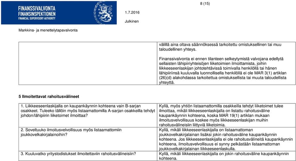 hänen lähipiiriinsä kuuluvalla luonnollisella henkilöllä ei ole MAR 3(1) artiklan (26)(d) alakohdassa tarkoitettua omistuksellista tai muuta taloudellista yhteyttä. 5 Ilmoitettavat rahoitusvälineet 1.