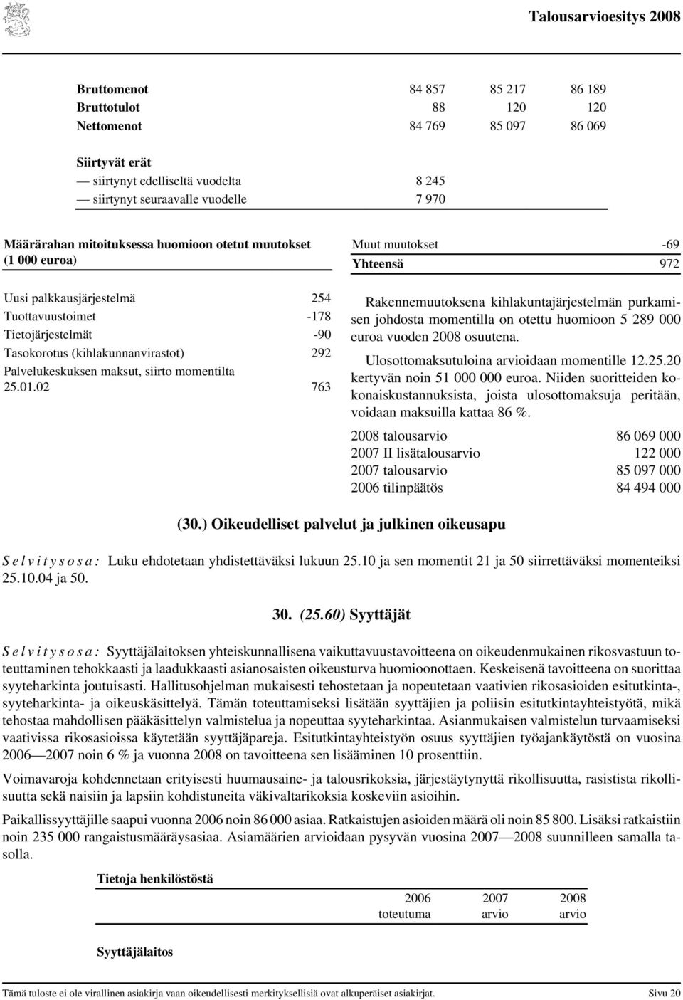 02 763 Muut muutokset -69 Yhteensä 972 Rakennemuutoksena kihlakuntajärjestelmän purkamisen johdosta momentilla on otettu huomioon 5 289 000 euroa vuoden osuutena.