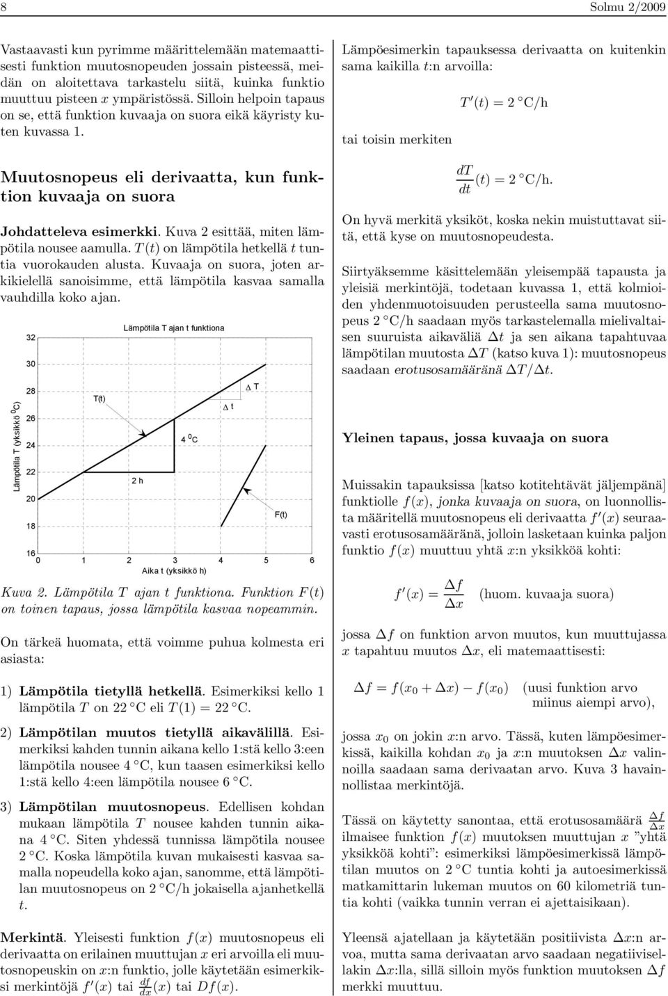 Kuva 2 esittää, miten lämpötila nousee aamulla. T(t) on lämpötila hetkellä t tuntia vuorokauden alusta.