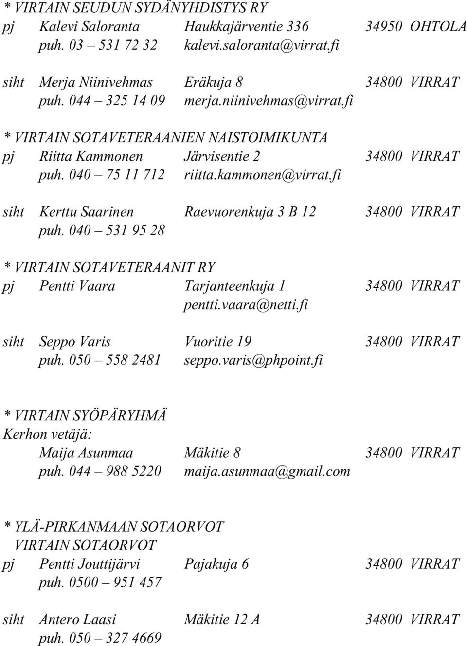 040 531 95 28 * VIRTAIN SOTAVETERAANIT RY pj Pentti Vaara Tarjanteenkuja 1 pentti.vaara@netti.fi siht Seppo Varis Vuoritie 19 puh. 050 558 2481 seppo.varis@phpoint.