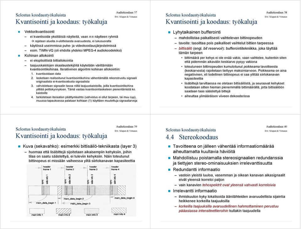 TWIN-VQ (oli ehdolla yhdeksi MPEG-4 audiokoodekiksi) Kohinan allokointi ei eksplisiittistä bittiallokointia taajuuskaistojen skaalaustekijöitä käytetään värittämään kvantisointikohinaa.