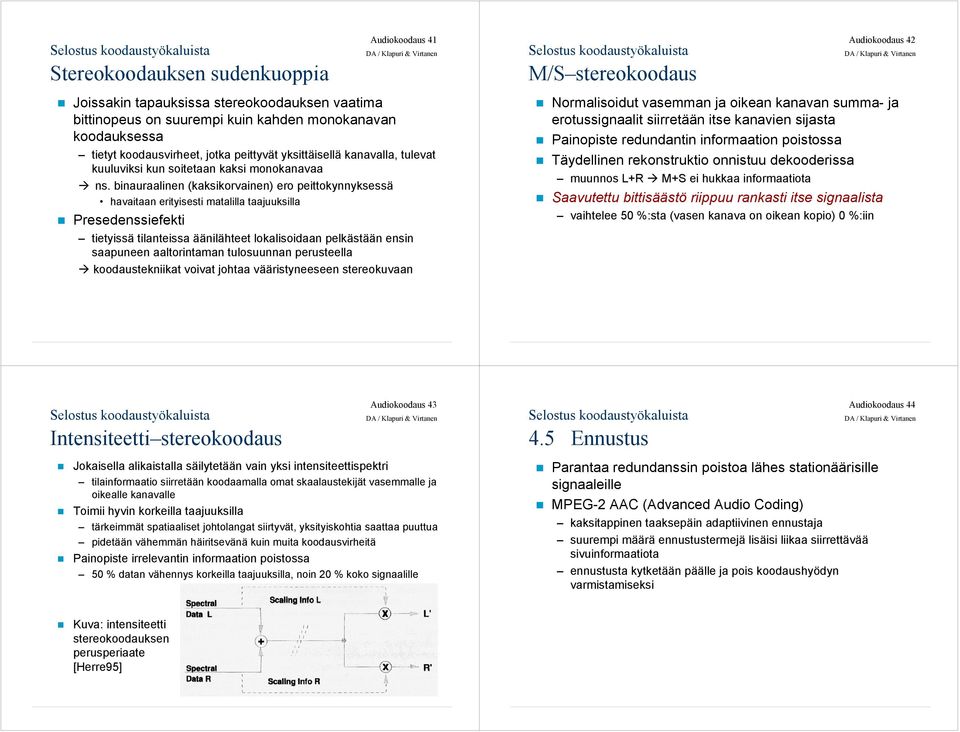 binauraalinen (kaksikorvainen) ero peittokynnyksessä havaitaan erityisesti matalilla taajuuksilla Presedenssiefekti tietyissä tilanteissa äänilähteet lokalisoidaan pelkästään ensin saapuneen