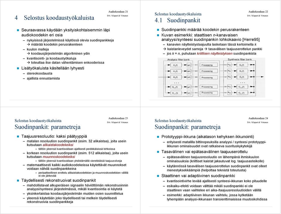 malleja koodausjärjestelmän algoritminen ydin kvantisointi- ja koodaustyökaluja toteuttaa itse datan vähentämisen enkooderissa Lisätyökaluista käsitellään lyhyesti stereokoodausta ajallista