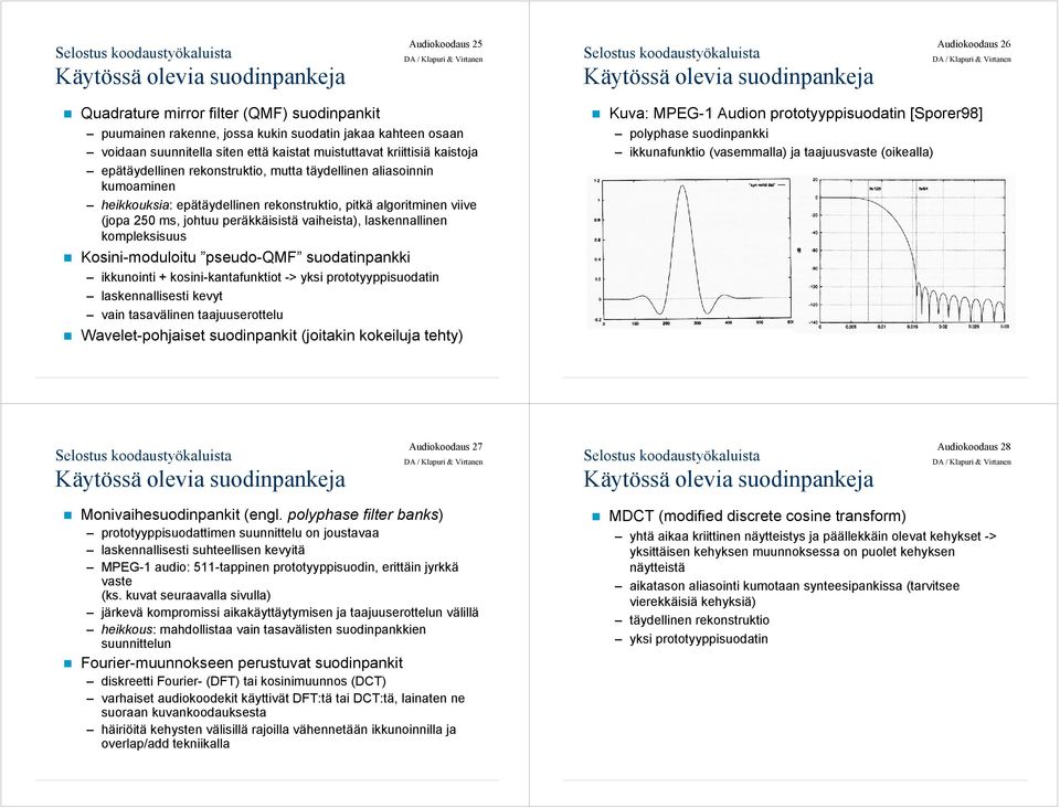 laskennallinen kompleksisuus Kosini-moduloitu pseudo-qmf suodatinpankki ikkunointi + kosini-kantafunktiot -> yksi prototyyppisuodatin laskennallisesti kevyt vain tasavälinen taajuuserottelu