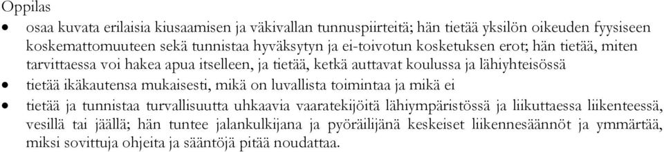 ikäkautensa mukaisesti, mikä on luvallista toimintaa ja mikä ei tietää ja tunnistaa turvallisuutta uhkaavia vaaratekijöitä lähiympäristössä ja liikuttaessa