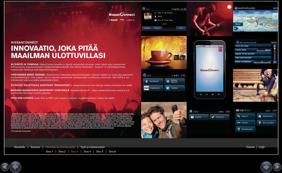 Koe kätevät äänentoisto-, navigointi- ja viestintäjärjestelmät, huippuluokan liitettävyys sekä älypuhelinintegraatio. YHTEYKSISSÄ MISSÄ TAHANSA. NissanConnect mahdollistaa älypuhelinintegraation.
