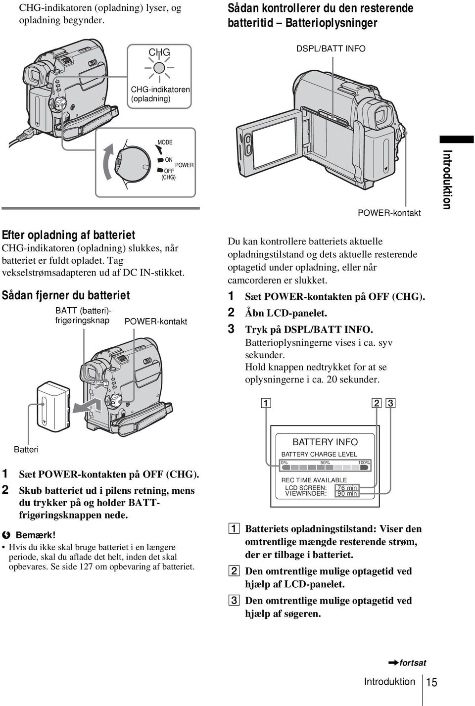 slukkes, når batteriet er fuldt opladet. Tag vekselstrømsadapteren ud af DC IN-stikket.