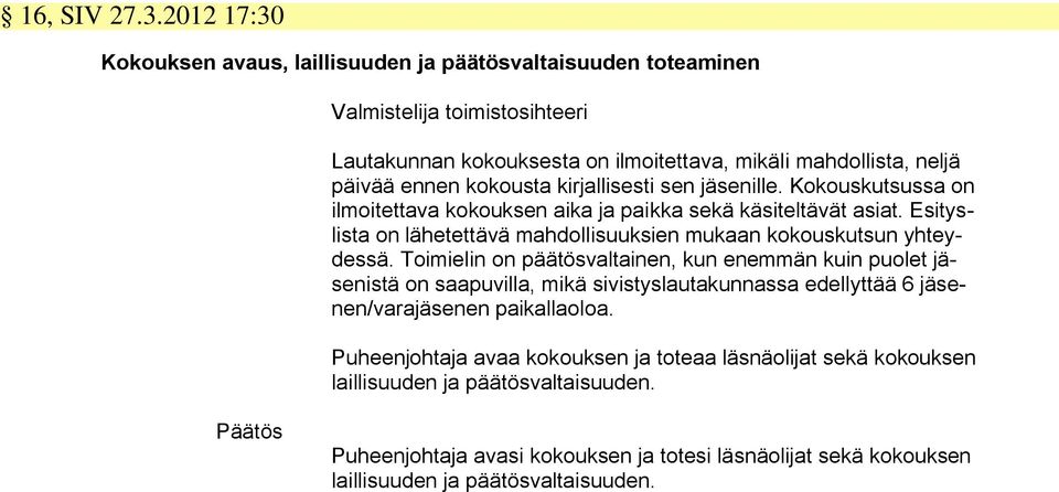 kokousta kirjallisesti sen jäsenille. Kokouskutsussa on ilmoitettava kokouksen aika ja paikka sekä käsiteltävät asiat.