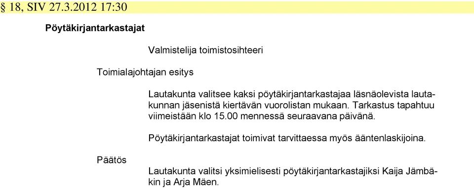 pöytäkirjantarkastajaa läsnäolevista lautakunnan jäsenistä kiertävän vuorolistan mukaan.