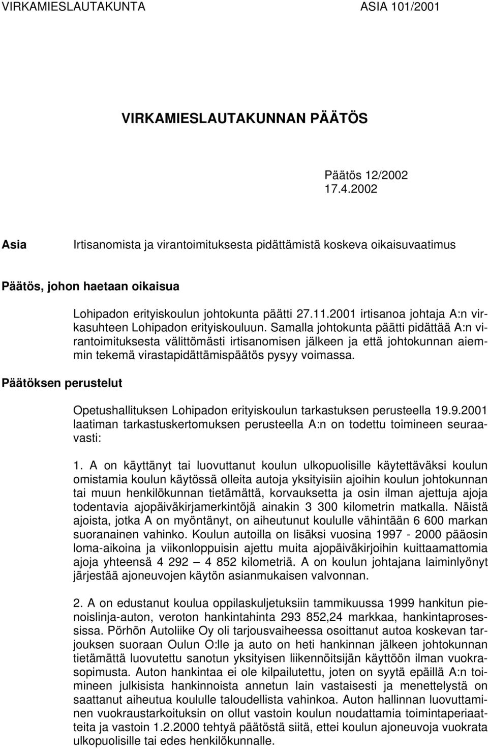 2001 irtisanoa johtaja A:n virkasuhteen Lohipadon erityiskouluun.