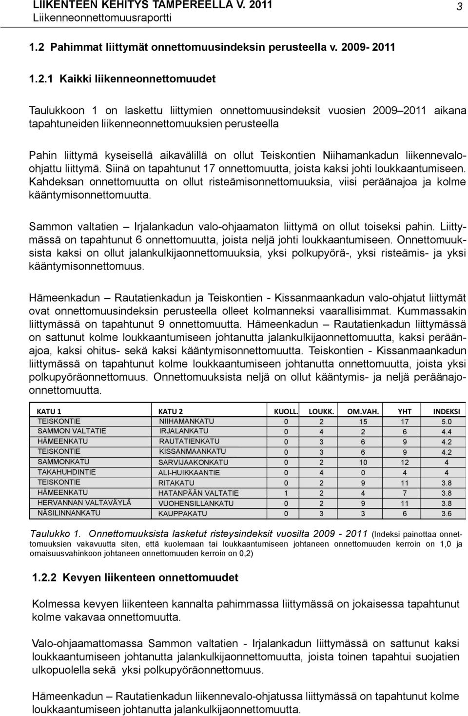 09-2011 1.2.1 Kaikki liikenneonnettomuudet Taulukkoon 1 on laskettu liittymien onnettomuusindeksit vuosien 2009 2011 aikana tapahtuneiden liikenneonnettomuuksien perusteella Pahin liittymä kyseisellä