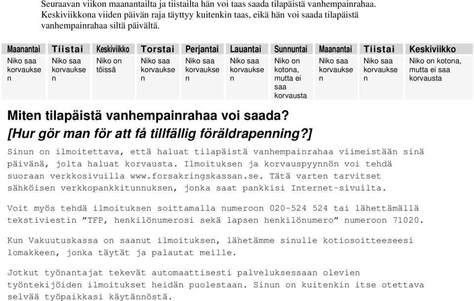 [Hur gör ma för att få tillfällig föräldrapeig?] Siu o ilmoitettava, että haluat tilapäistä vahempairahaa viimeistää siä päivää, jolta haluat korvausta.