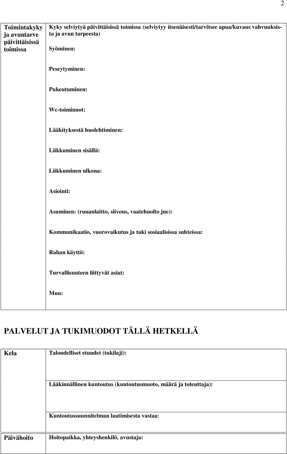 vaatehuolto jne): Kommunikaatio, vuorovaikutus ja tuki sosiaalisissa suhteissa: Rahan käyttö: Turvallisuuteen liittyvät asiat: Muu: PALVELUT JA TUKIMUODOT TÄLLÄ HETKELLÄ Kela