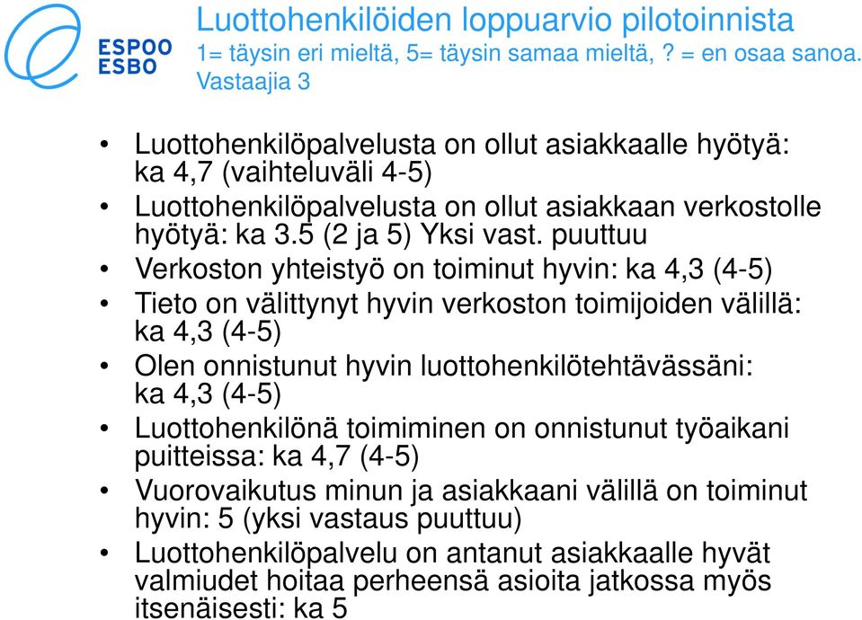puuttuu Verkoston yhteistyö on toiminut hyvin: ka 4,3 (4-5) Tieto on välittynyt hyvin verkoston toimijoiden välillä: ka 4,3 (4-5) Olen onnistunut hyvin luottohenkilötehtävässäni: ka 4,3