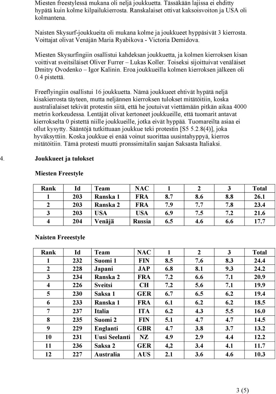 Miesten Skysurfingiin osallistui kahdeksan joukkuetta, ja kolmen kierroksen kisan voittivat sveitsiläiset Oliver Furrer Lukas Koller. Toiseksi sijoittuivat venäläiset Dmitry Ovodenko Igor Kalinin.