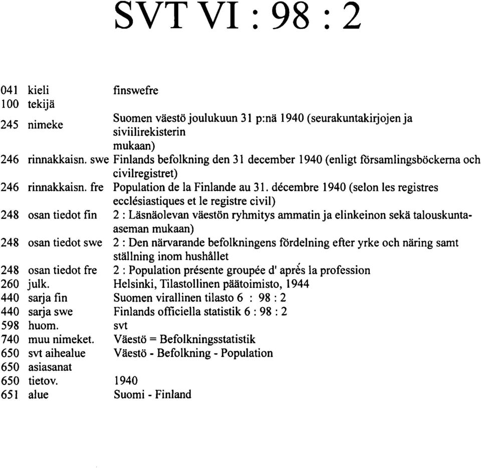 décembre 0 (selon les regstres ecclésastques et le regstre cvl) : Läsnäolevan väestön ryhmtys ammatn ja elnkenon sekä talouskuntaaseman mukaan) : Den närvarande befolknngens fördelnng efter yrke och