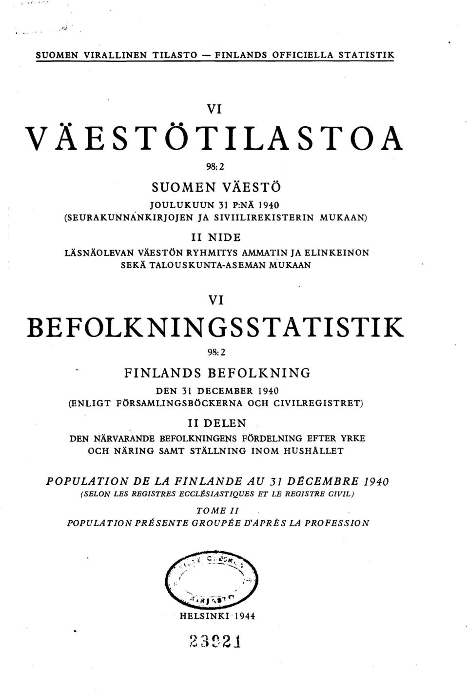 DECEMBER 0 (ENLIGT FÖRSAMLINGSBÖCKERNA OCH CIVILREGISTRET) II DELEN DEN NÄRVARANDE BEFOLKNINGENS FÖRDELNING EFTER YRKE OCH NÄRING SAMT STÄLLNING INOM