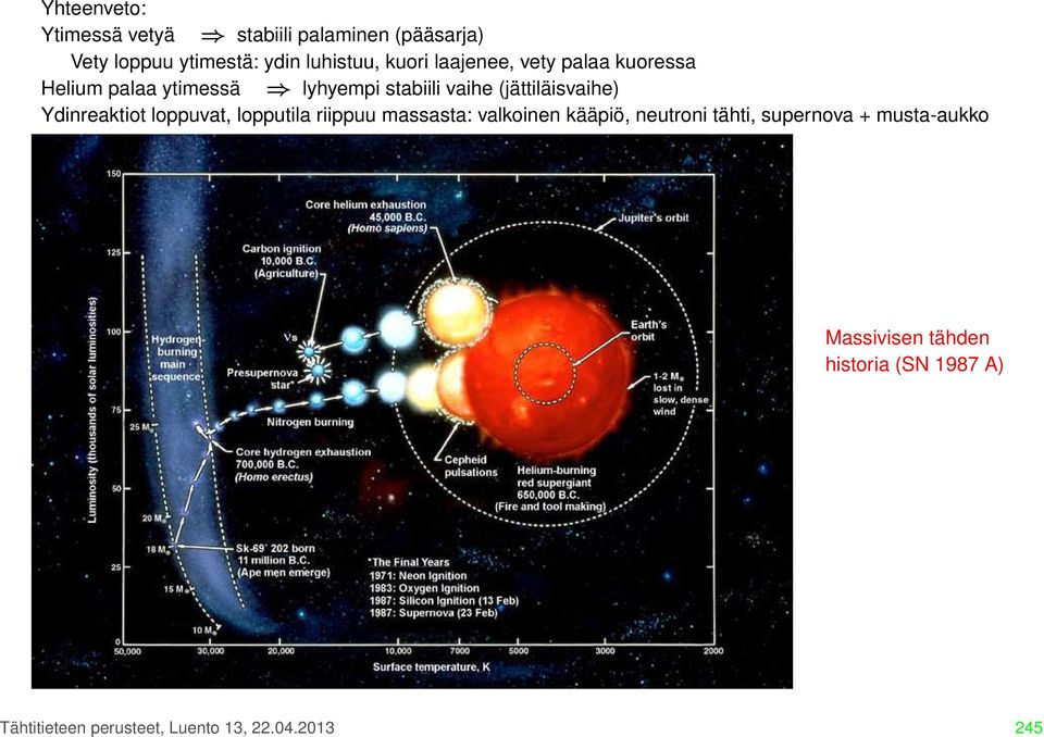 (jättiläisvaihe) Ydinreaktiot loppuvat, lopputila riippuu massasta: valkoinen kääpiö, neutroni