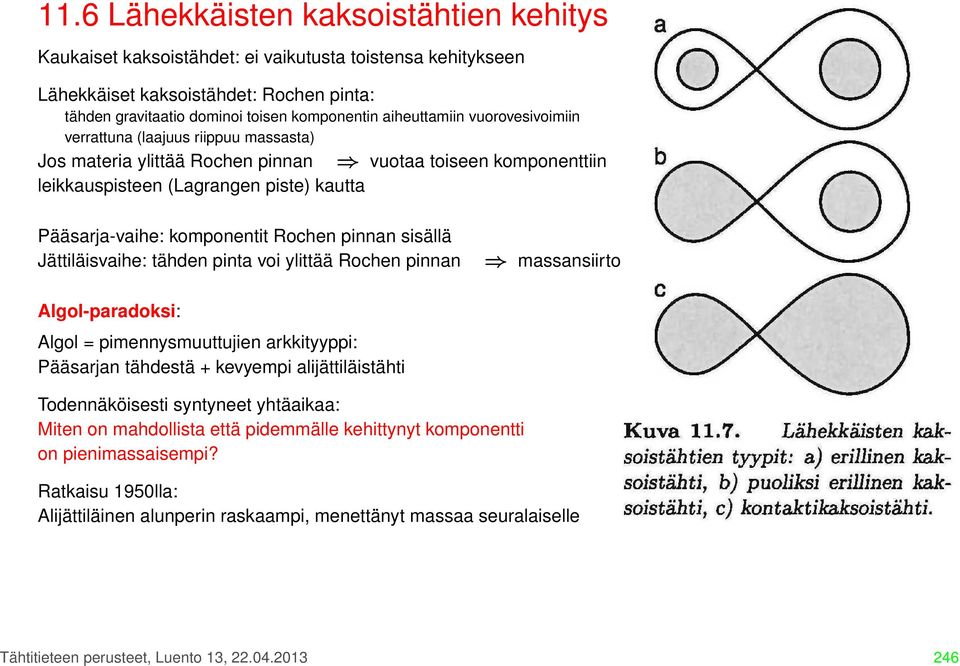 Rochen pinnan sisällä Jättiläisvaihe: tähden pinta voi ylittää Rochen pinnan massansiirto Algol-paradoksi: Algol = pimennysmuuttujien arkkityyppi: Pääsarjan tähdestä + kevyempi alijättiläistähti