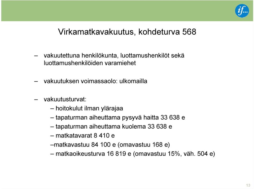 ilman ylärajaa tapaturman aiheuttama pysyvä haitta 33 638 e tapaturman aiheuttama kuolema 33 638 e